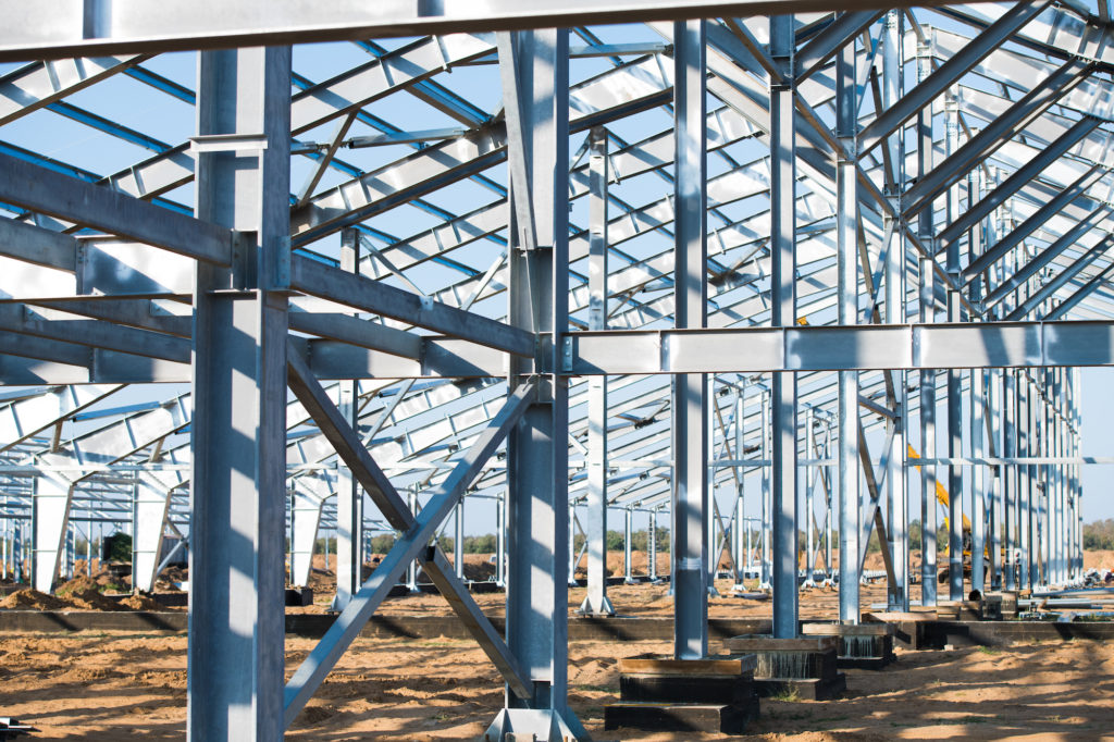 Structural steel in a construction project for a large building.