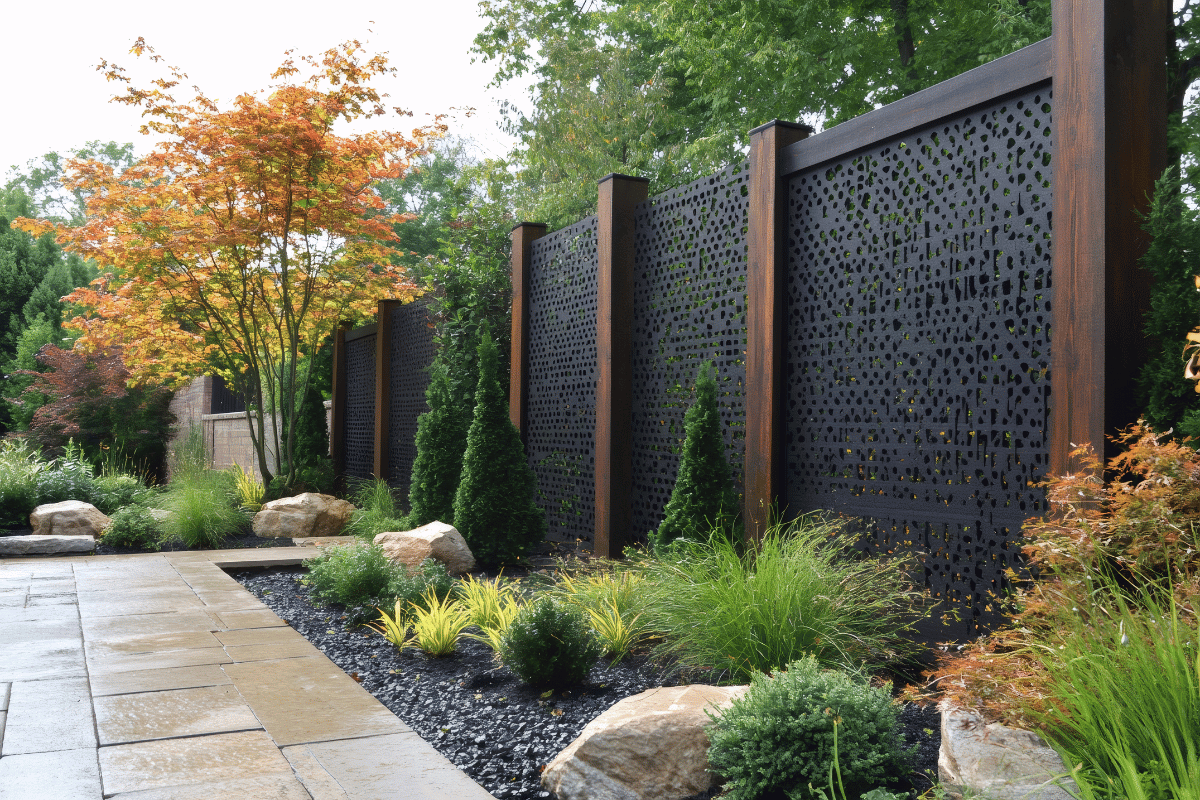 A courtyard with a metal privacy screen